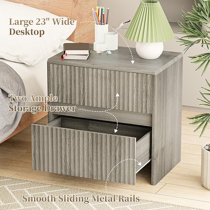 Fluted Nightstand, 23" Wood Bedside Table with 2 Storage Drawers, Modern Night Stand for Bedroom, Office, Grey