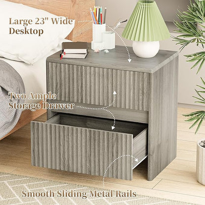 Fluted Nightstand, 23" Wood Bedside Table with 2 Storage Drawers, Modern Night Stand for Bedroom, Office, Grey
