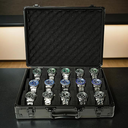15 slots Watch organizer Case, Aluminum watch storage box, hard watch travel box, padded case for watch display and organization