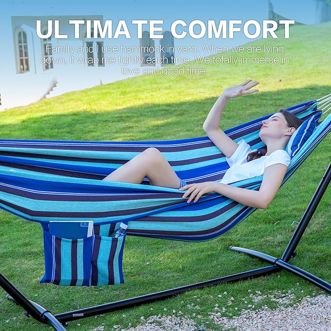 PNAEUT Double Hammocks with Stand for Outside, Portable Space Saving Heavy-Duty Steel Stand for Indoor Outdoor Patio with Carrying Bag, 450 lbs Capacity (Blue Lagoon)