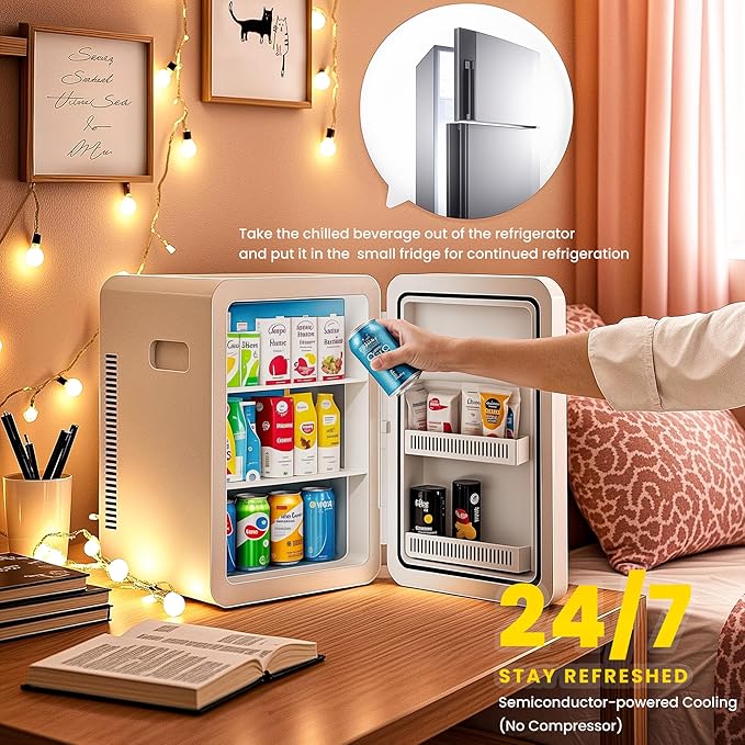 22L/30Cans Mini Fridge for Bedroom, 12v DC Portable Cooler & Warmer, Mini Refrigerator with Glass Front, for Car Office Desk & Dorm Food Beverage Skincare Makeup (White)