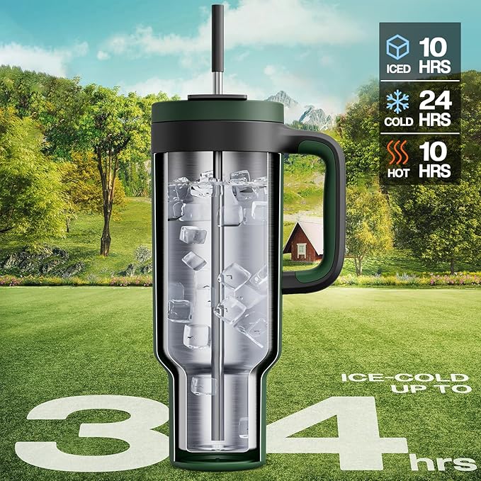 POWCAN 50 oz Tumbler with Handle, 2-in-1 Straw and Sip Lid, Leakproof, Dishwasher Safe, Insulated Stainless Steel Travel Coffee Mug, Keeps Cold for 34 Hours, Fits in Car Cup Holder (Forest)