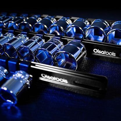 Olsa Tools Aluminum Socket Organizer with Locking End Caps - 3/8-Inch Drive - Black Socket Holder Rails for Chrome or Impact Sockets - Compact and Durable Socket Storage Solution - Part: 1179