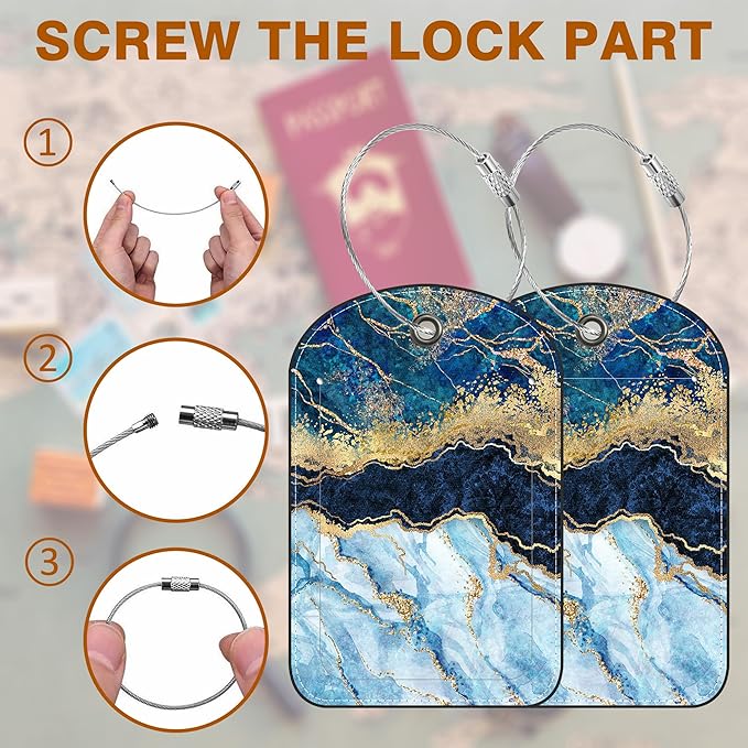 2 PCS Leather Luggage Tag for Suitcase Abstract Marble Travel Suitcase Labels with Privacy Name ID Label and Stainless Steel Loop for Adults Teens Travel Bag Labels Set