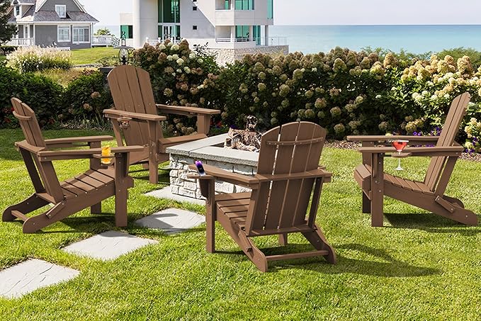 SERWALL Adirondack Chair with Cup Holders - Composite Adirondack Chairs Set of 6 HDPE Outdoor Chairs All Weather Use- Brown