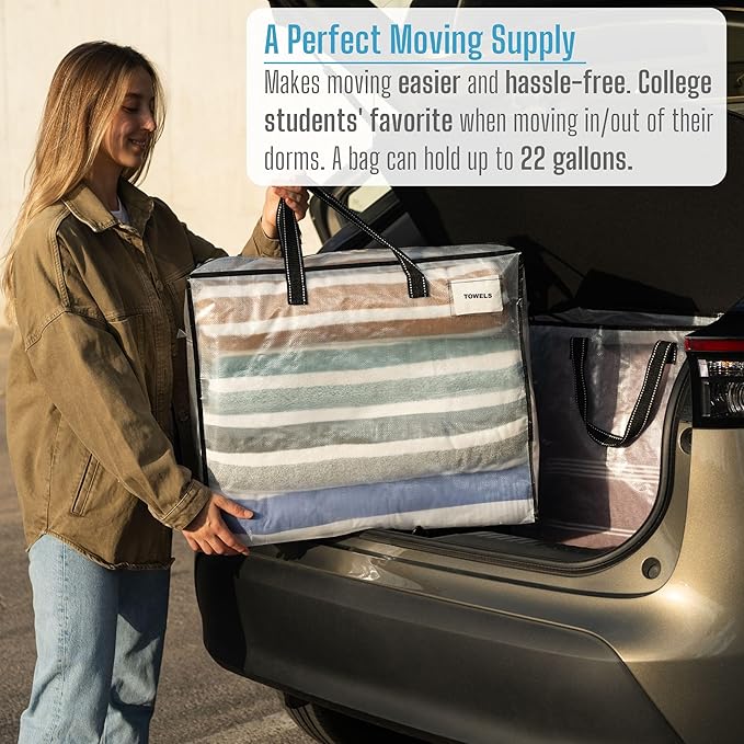 VENO 4 Pack Heavy Duty Moving Bags, Storage Bags, Packing Supplies, Top Zipper, Storage Totes for Camping, Clothes, Bedding, Comforters, Pillows (22 Gallon Clear, 4 Pack)