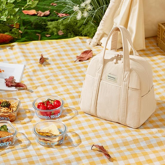 Insulated Lunch Bag for Women, 6-Hour Cold Retention Cooler Tote with Sturdy Handle, 15-Can Spacious Capacity, Leakproof Corduroy Fabric & Aluminum Foil Lining, (Beige)
