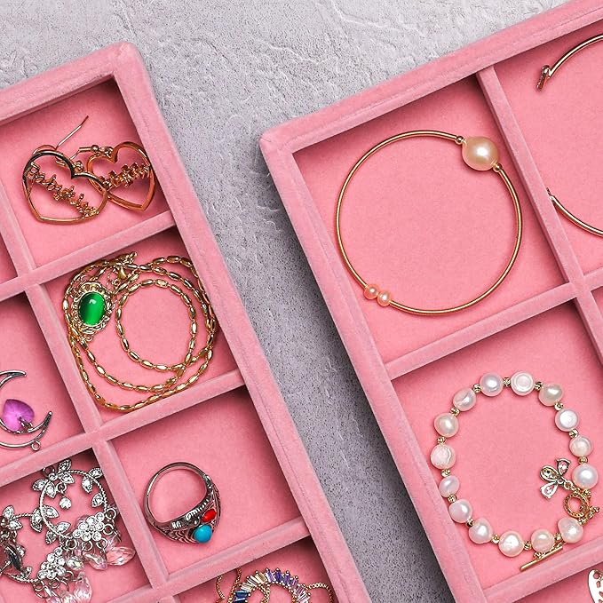 Frebeauty Stackable Velvet Jewelry Organizer Trays for Drawers Inserts Jewelry Storage Tray Display Case, Stud Earrings Bracelets Necklace Rings Accessories Trays for Women(Set of 2)(Pink)