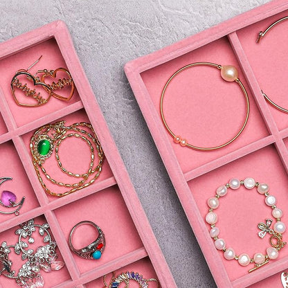 Frebeauty Stackable Velvet Jewelry Organizer Trays for Drawers Inserts Jewelry Storage Tray Display Case, Stud Earrings Bracelets Necklace Rings Accessories Trays for Women(Set of 2)(Pink)