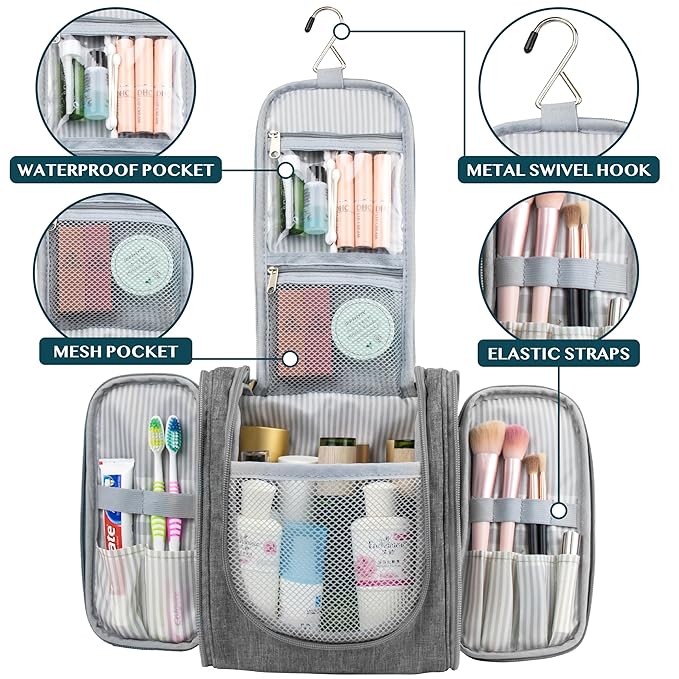 PAVILIA Toiletry Bag Travel Bag for Women Men, Hanging Cosmetic Organizer, Water Resistant Makeup Bag for Accessories Toiletries, Large Travel Essentials Kit (Grey)