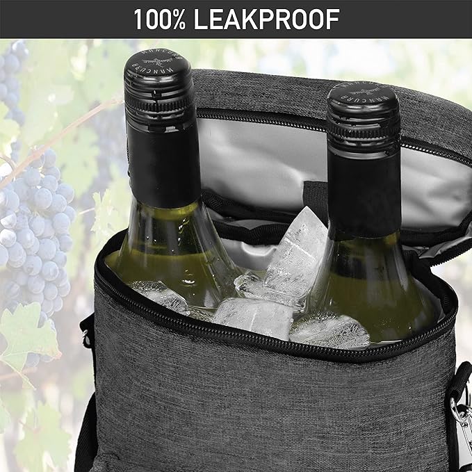 Opux 2 Bottle Wine Tote Carrier, Insulated Cooler Bag for Travel Picnic, Leakproof Padded Case, Wine Gifts for Women & Men, Charcoal Gray