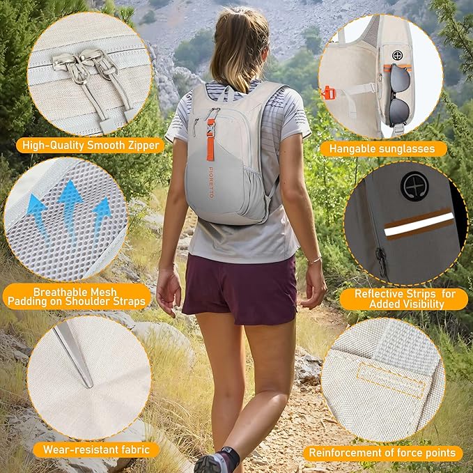FIORETTO 15L Hiking Backpack for Women Men Mini Packable Backpack Lightweight Small Daypack for Camping Travel Outdoor, Beige