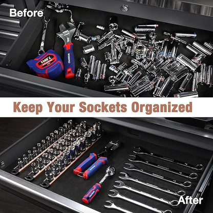 WORKPRO Magnetic Socket Organizer, 1/4-Inch Drive Aluminum Alloy Socket Rail, Heavy Duty Socket Holder, Socket Rack Kit 1/4-Inch x 12 Clips Champagne (Socket not Included)