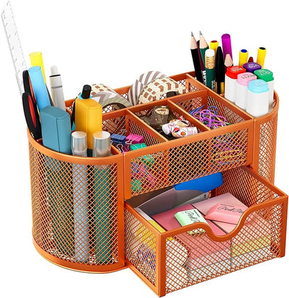 EasyPAG Mesh Pen Holder Desk Organizer with Drawer Stationery Supplies Organizer for Dorm School 9 Compartments Workspace Desk Accessories Organization for Office, Orange