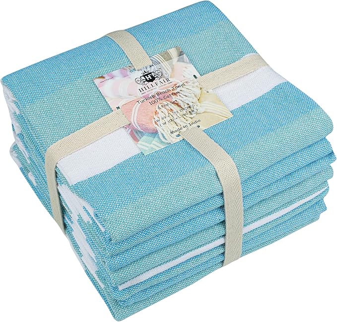 HILLFAIR Cotton Turkish Beach Towels, Quick Dry Lightweight Sand Free Peshtemal Towel for Bath Swim Yoga Spa Travel, Beach Accessories, Oversized Cotton Turkish Towels (39 x 72 inch- 4 Pack Sea)