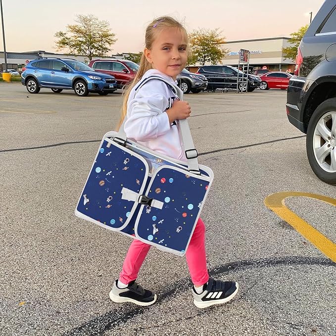 MENZOKE Car Seat Tray for Kids with Educational Drawing Board, Tablet Holder & Cooler Cup Holder, Essential for Car Travel & Airplane Trips, Space Pattern Design, Dark Blue