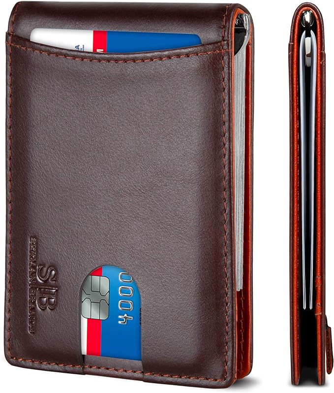 SERMAN BRANDS RFID Blocking Slim Bifold Genuine Leather Minimalist Front Pocket Wallets for Men with Money Clip Thin Mens