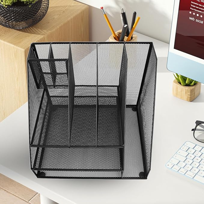Hyuduo Office Desk Organizer, Black Iron Mesh 3 Tier Paper Letter Tray with 2 Pen Holders and File Rack Metal Structure for Office and Home Desk Organization