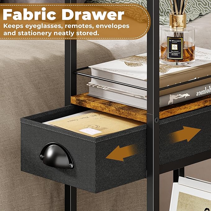 C Shaped Sofa Side Table with Wheels, Rolling Small Coffee Table with Drawer, Portable TV Tray Table for Couch, Bedside Table with Storage, Narrow Nightstand for Bedroom, End Tables Living Room