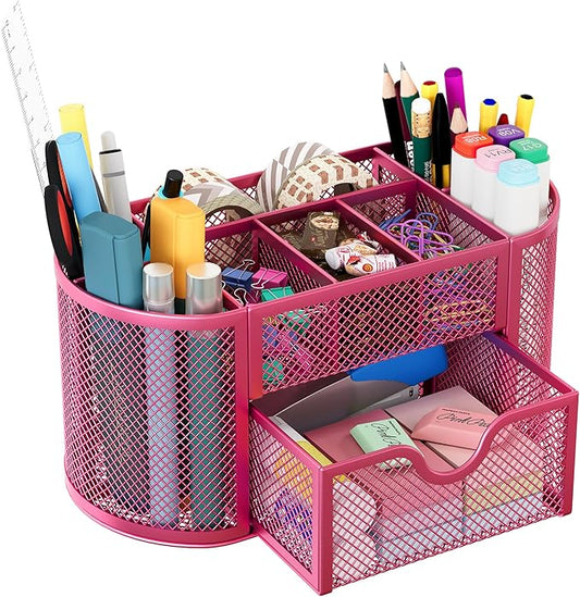 EasyPAG Mesh Pen Holder Desk Organizer with Drawer Stationery Supplies Organizer for Dorm School 9 Compartments Workspace Desk Accessories Organization for Office, Hot Pink