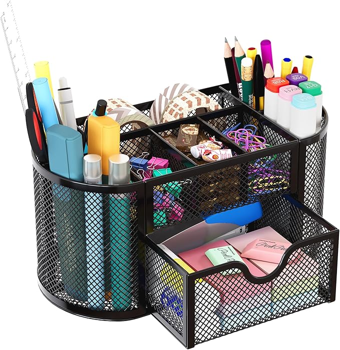 EasyPAG Mesh Pen Holder Desk Organizer with Drawer Stationery Supplies Organizer for Dorm School 9 Compartments Workspace Desk Accessories Organization for Office, Black