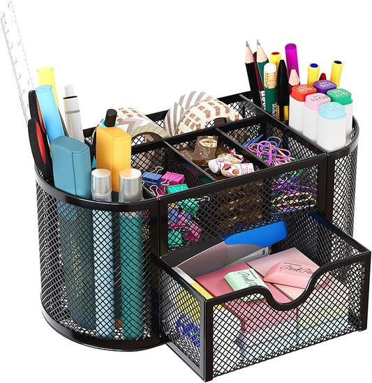 EasyPAG Mesh Pen Holder Desk Organizer with Drawer Stationery Supplies Organizer for Dorm School 9 Compartments Workspace Desk Accessories Organization for Office, Black