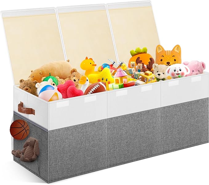 Extra Large Toy Storage Box with Lid, Collapsible Sturdy Toys Chest Storage Organizer Bin Basket with Divider for Kids, Boys, Girls, Closet, Playroom, Bedroom, Nursery, 40"X14"X16", Gray & White