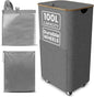Laundry Basket with Wheels and Handle - 100L Bamboo-Fabric Laundry Hamper with Lid, Front Mesh Pocket, Travel Bag, Sturdy Wheels, Gray