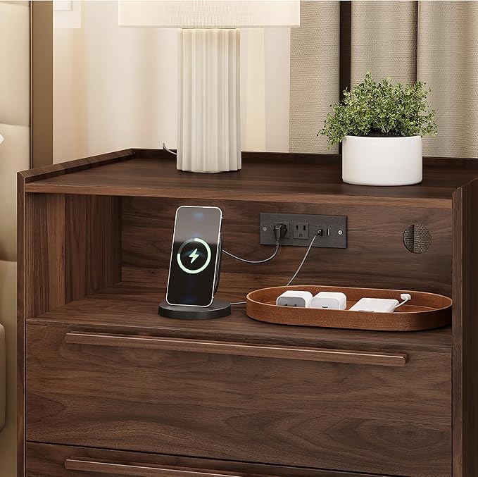 Mid-Century Modern Nightstand with Charging Station, 26" Tall Wood Bedside Table with Tray Top, USB & Type-C Ports, AC Outlets, 2 Drawers and Open Shelf for Bedroom or Living Room, Walnut