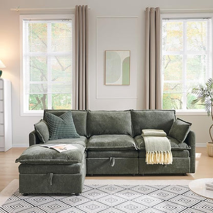 88.98" Sectional Couches for Living Room, Cloud Couch Sectional with Large Storage, L-Shape Modular Sectional Sofa with Ottoman, 4 Seater Chenille Sofa with Pillow for Apartment, Bedroom, Green