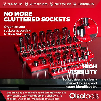 Olsa Tools Magnetic Socket Organizers | 3 Piece Set Socket Holder Kit | 1/2-Inch, 3/8-Inch, & 1/4-Inch Drive | SAE Red | Holds 68 Sockets | Professional Quality Tools Organizer Part 1150