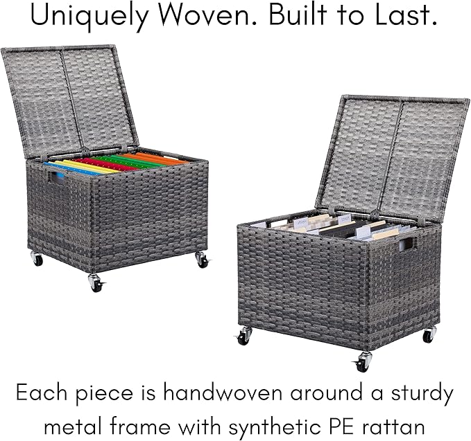 BIRDROCK HOME Rolling File Box - Storage Cabinet with Wheels - Weatherproof Rattan-Style Resin Deck Chest for Garden, Home and Office - Organize Cushions, Toys, and Accessories - Storage Box - Tan