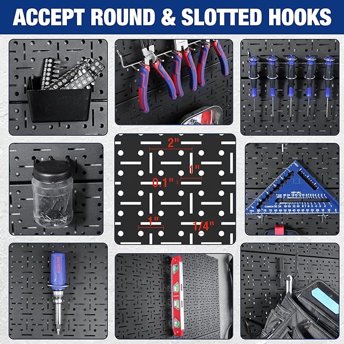 WORKPRO 16”x 16” Metal Peg Board, Foldable Black Pegboard for Wall Organization, Steel Panel with Round Holes & Vertical Slots, Ideal Tool Organizer in Office and Craft Room, 3 Pack