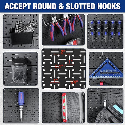 WORKPRO 16”x 16” Metal Peg Board, Foldable Black Pegboard for Wall Organization, Steel Panel with Round Holes & Vertical Slots, Ideal Tool Organizer in Office and Craft Room, 3 Pack