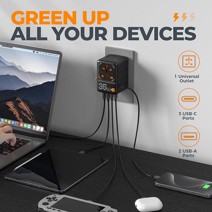 TESSAN Universal Travel Adapter, 35W International Plug Adaptor with 3 USB C and 2 USB A Charging Ports, Worldwide Power Outlet for US to European EU UK AUS Ireland(Type C/G/A/I)