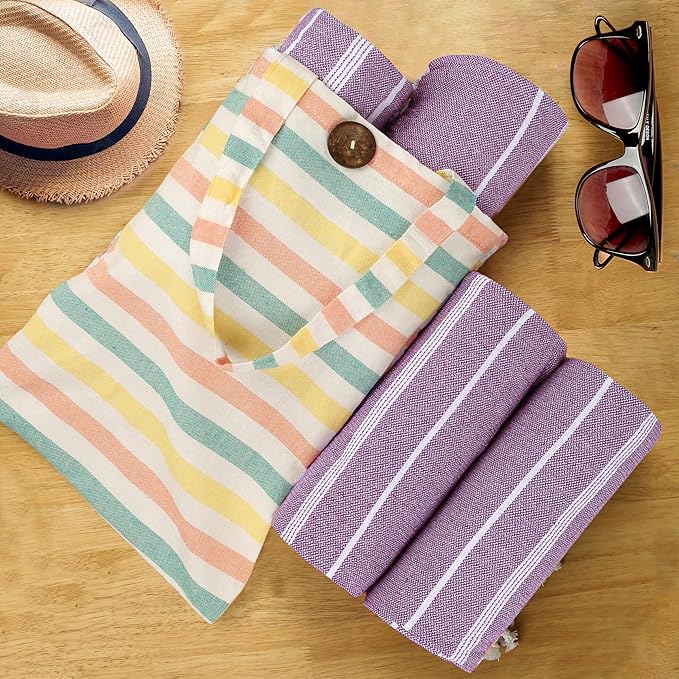 HILLFAIR Cotton Turkish Beach Towels, Quick Dry Lightweight Sand Free Peshtemal Towel for Bath Swim Yoga Spa Travel, Beach Accessories, Oversized Cotton Turkish Towels (39 x 72 inch- 4 Pack Purple)