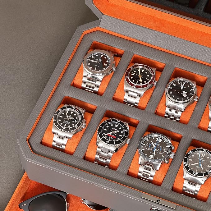 ROTHWELL 12 Slot Leather Watch Box with Valet Drawer - 12 Slot Luxury Watch Case Display Organizer, Microsuede Liner, Mens Accessories Holder, Jewelry Case, Jewelry Display Organizer (Grey/Orange)