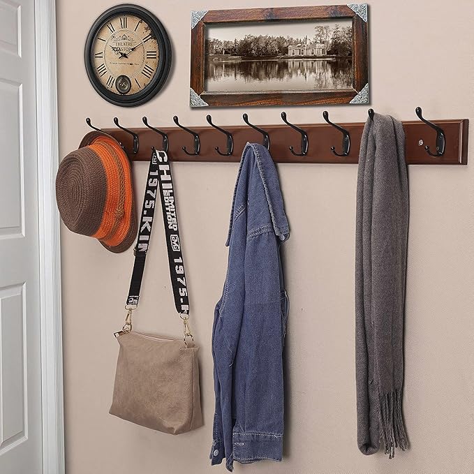 Dseap Coat Rack Wall Mounted: 10-Hooks, 16" Hole to Hole, 38-1/4" Long, Wood Coat Hooks Wall Mounted, Hook Rack, Hook Rail, Hooks for Hanging Coats, Brown & Black