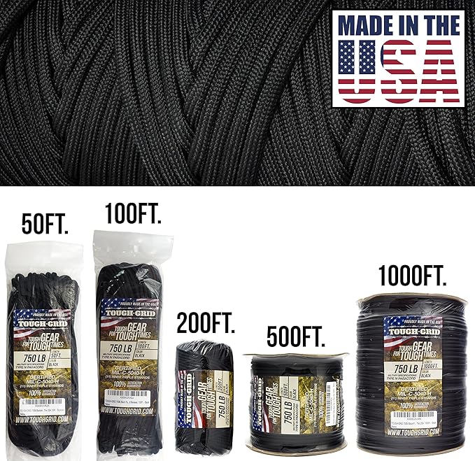 TOUGH-GRID 750 Paracord Rope Nylon Parachute Cord, Made in USA Survival Kit, Outdoor Adventures, Camping, Tactical Gear & Emergency Supplies, Military Type IV Mil-Spec