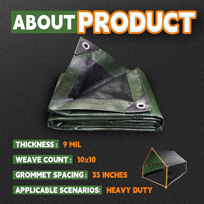 10x20 Feet Tarp Waterproof,9Mil Thick,Finished Size Tarps,UV Resistant,Durable,Multipurpose Poly Tarp Cover with Metal Grommets and Reinforced Edges,Green/Black by RAINDEWAY