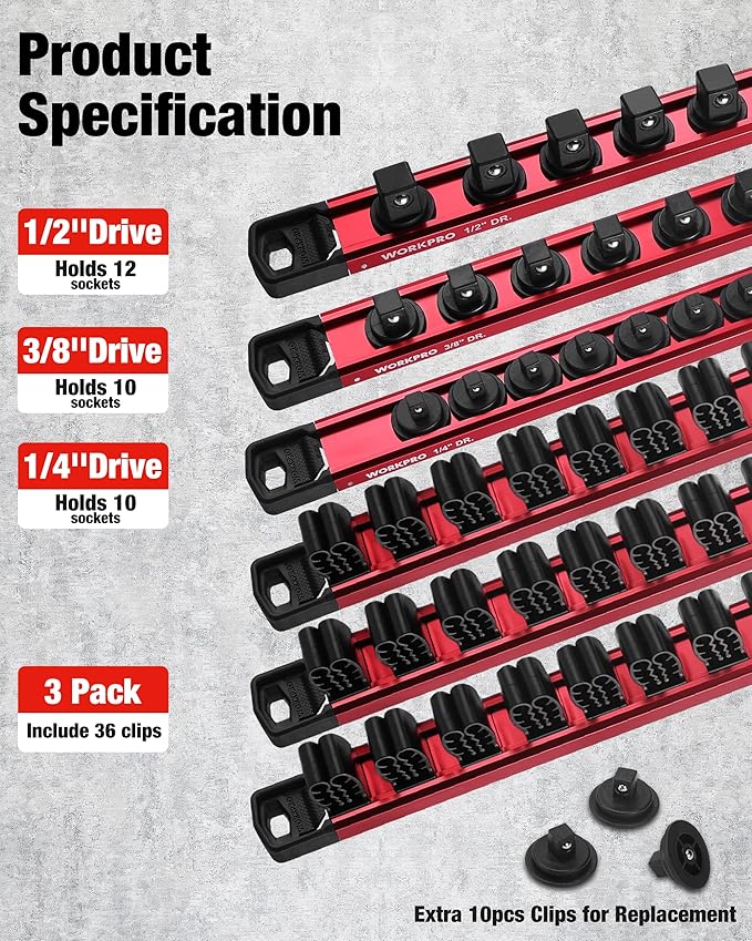 WORKPRO 6-Piece Magnetic Socket Organizer and Magnetic Screwdriver Organizer Set, 3-Piece 1/4", 3/8" & 1/2" Drive Metric & SAE Socket Rail, 3-Piece Screwdriver and Wrench Holder(Sockets not Included)