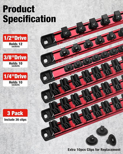 WORKPRO 6-Piece Magnetic Socket Organizer and Magnetic Screwdriver Organizer Set, 3-Piece 1/4", 3/8" & 1/2" Drive Metric & SAE Socket Rail, 3-Piece Screwdriver and Wrench Holder(Sockets not Included)