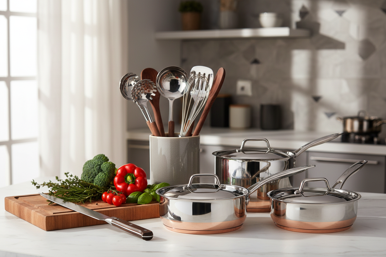 Unlock Your Culinary Potential. At KitchenLab, we offer premium kitchenware designed to enhance your cooking experience. Our curated selection includes durable pots, pans, utensils, and more — all thoughtfully crafted to elevate your daily meal prep and inspire creativity in the kitchen. (make it real photo)